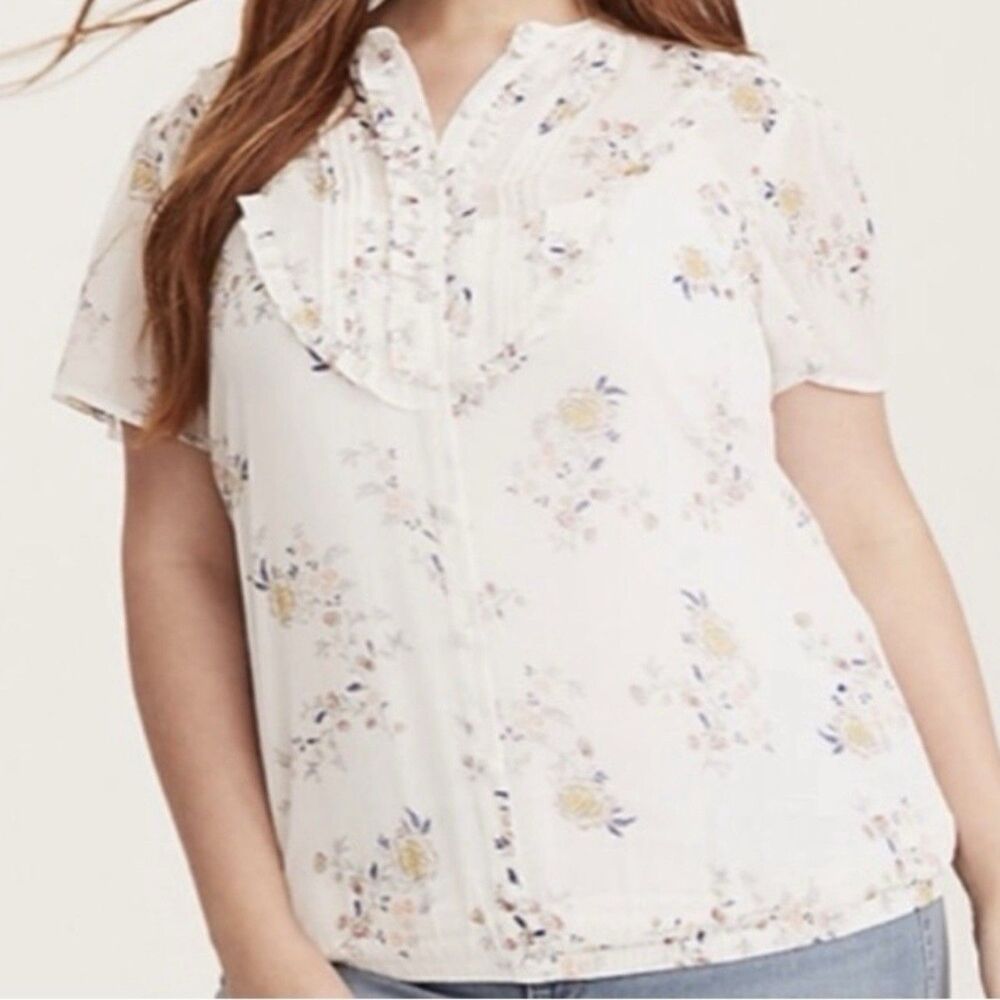 Torrid Floral Ruffle Front Sheer Blouse White Multicolor Size 1 (14-16)